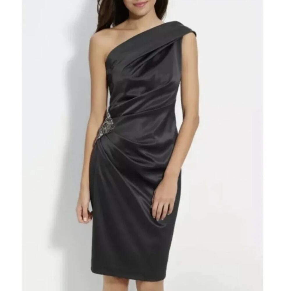 Eliza J One-Shoulder Beaded Satin Formal Cocktail Evening Dress Black Size 6